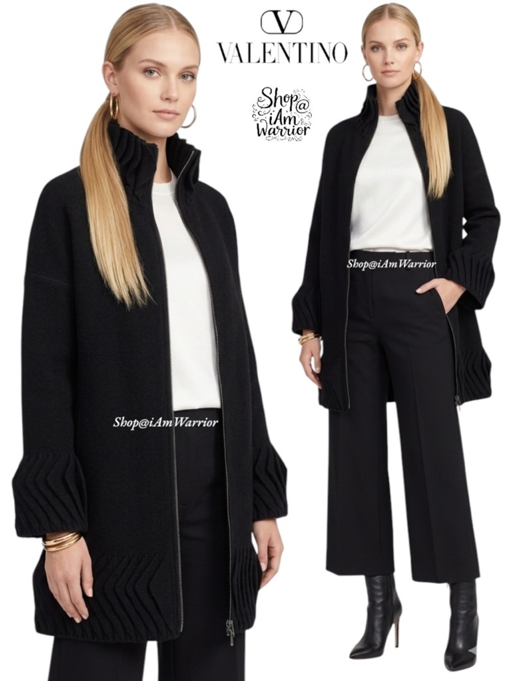 Valentino Vintage Black Boiled Wool Pleated Sculptural Couture Sweater Coat